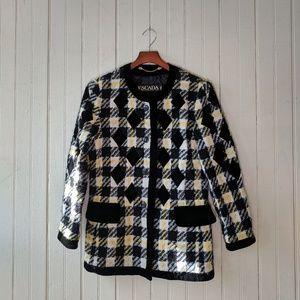Escada vtg black white yellow plaid wool jacket M